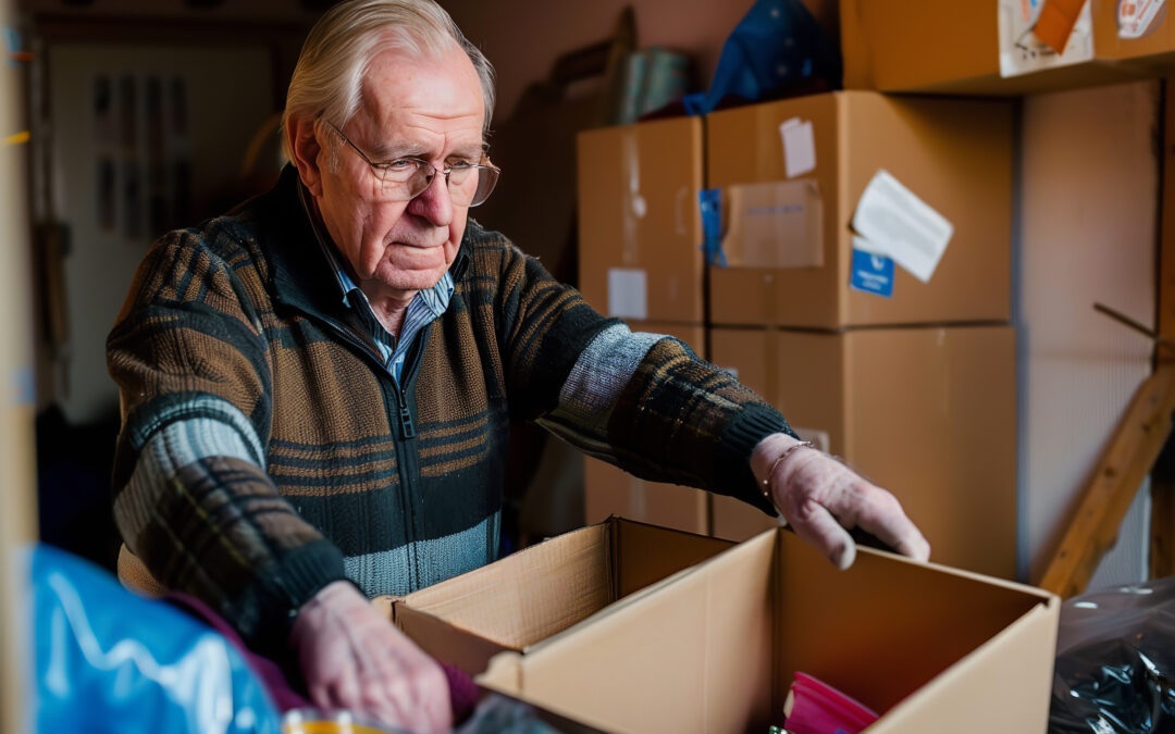 elderly man going through personal belongings and packing